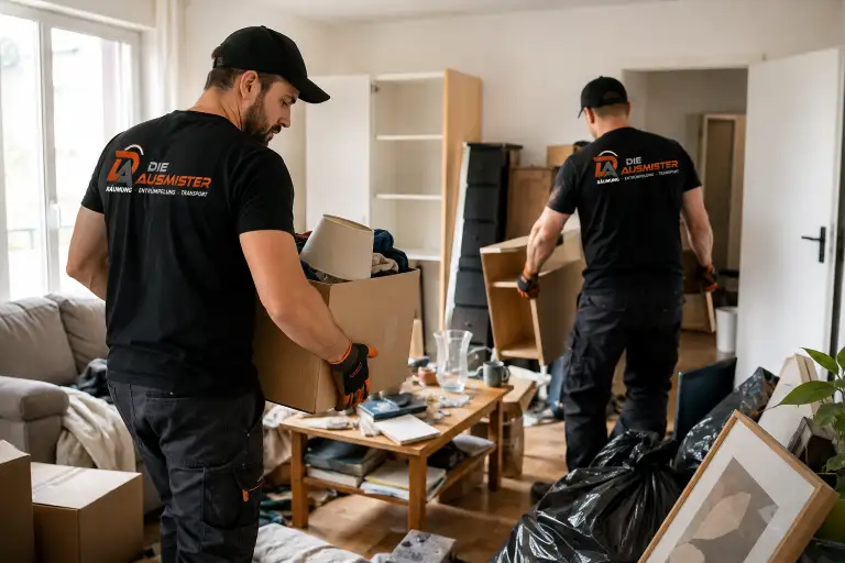 Zwei Mitarbeiter der Ausmister tragen Kartons und Möbel aus einer Wohnung
